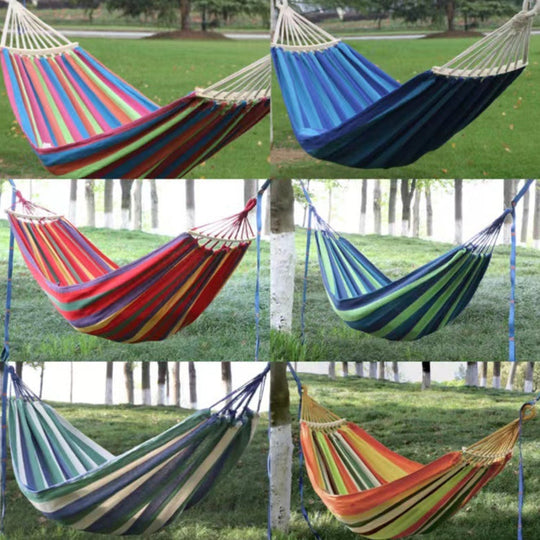 Striped Cotton Canvas Hammock Swing with Curved Spreader Bar for Garden and Patio