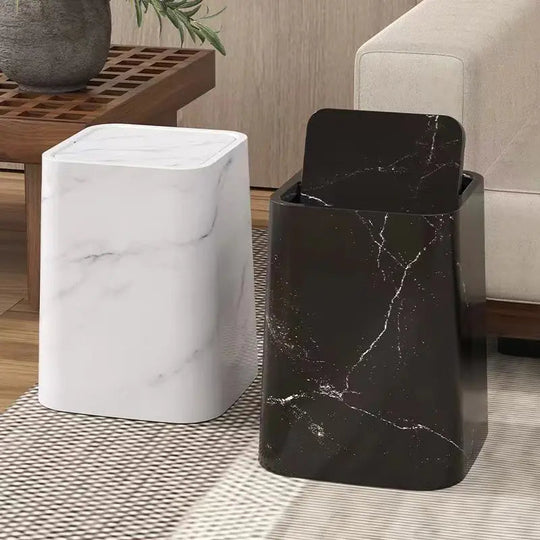 Modern Marble Look Slim Trash Can with Swing Lid for Bathroom and Office