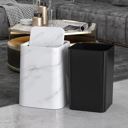 Modern Marble Look Slim Trash Can with Swing Lid for Bathroom and Office