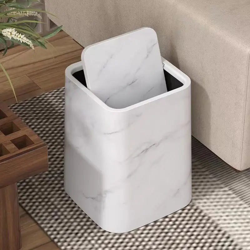 Modern Marble Look Slim Trash Can with Swing Lid for Bathroom and Office