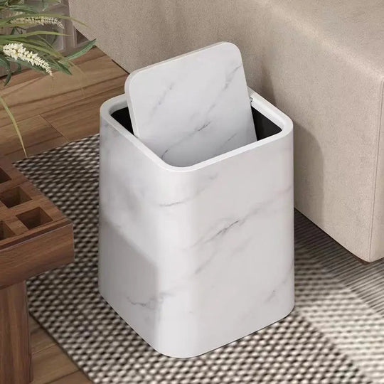 Modern Marble Look Slim Trash Can with Swing Lid for Bathroom and Office