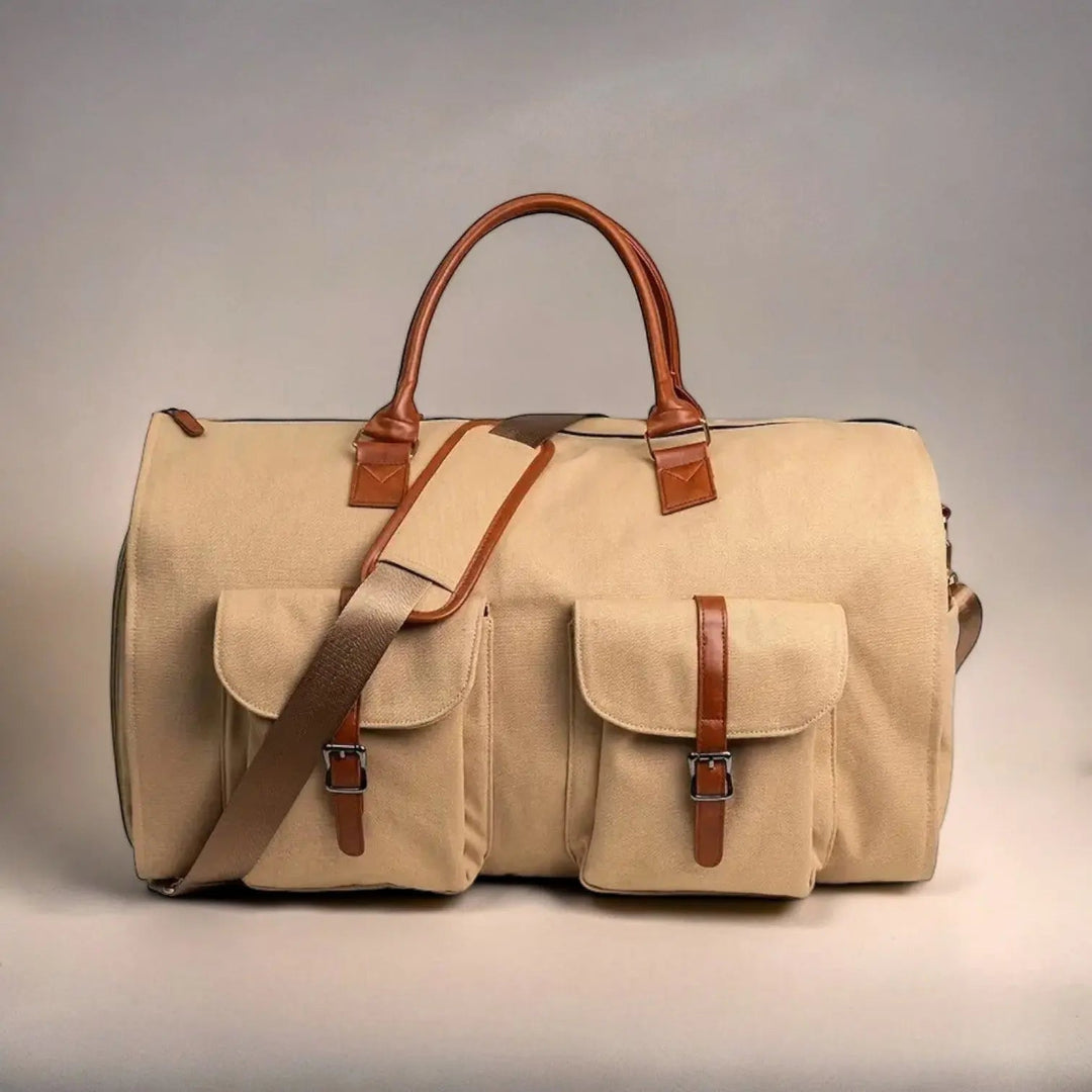 Beige leather duffle bag