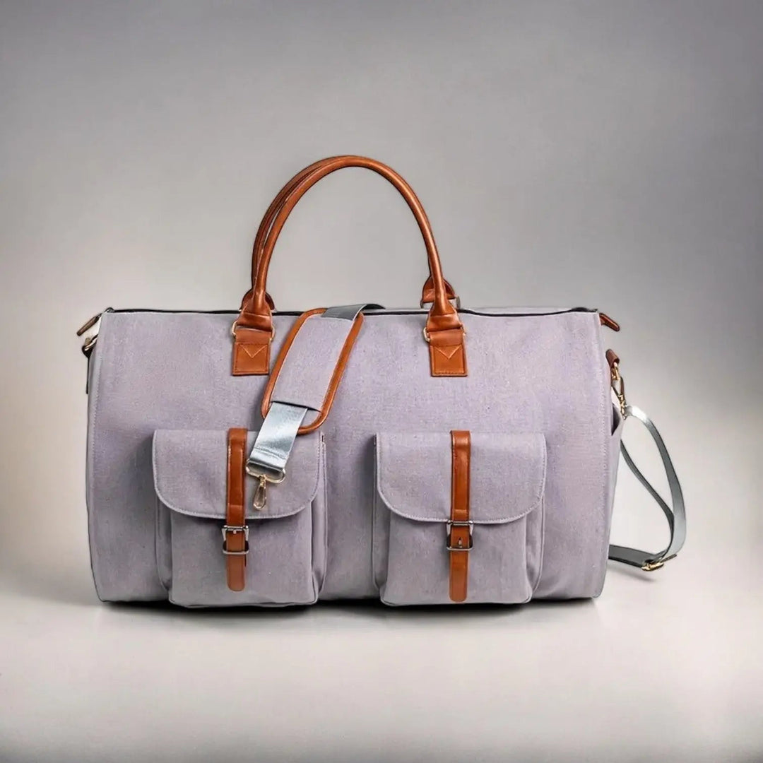 Gray leather duffle bag