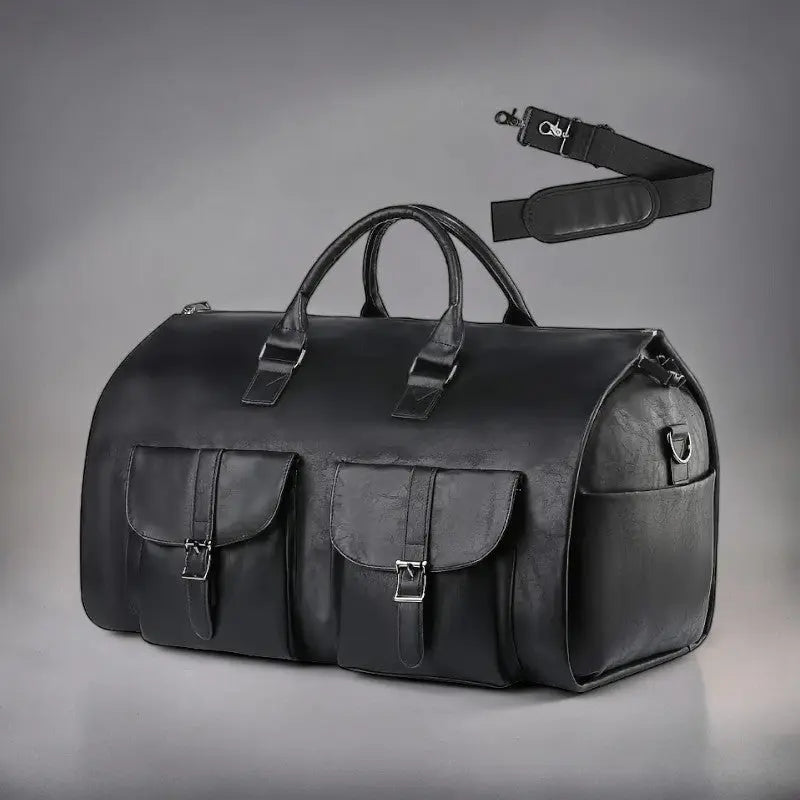 Black leather duffle bag