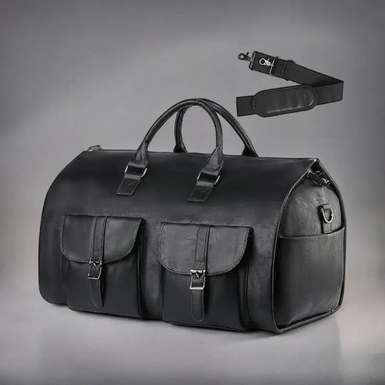 Black leather duffle bag