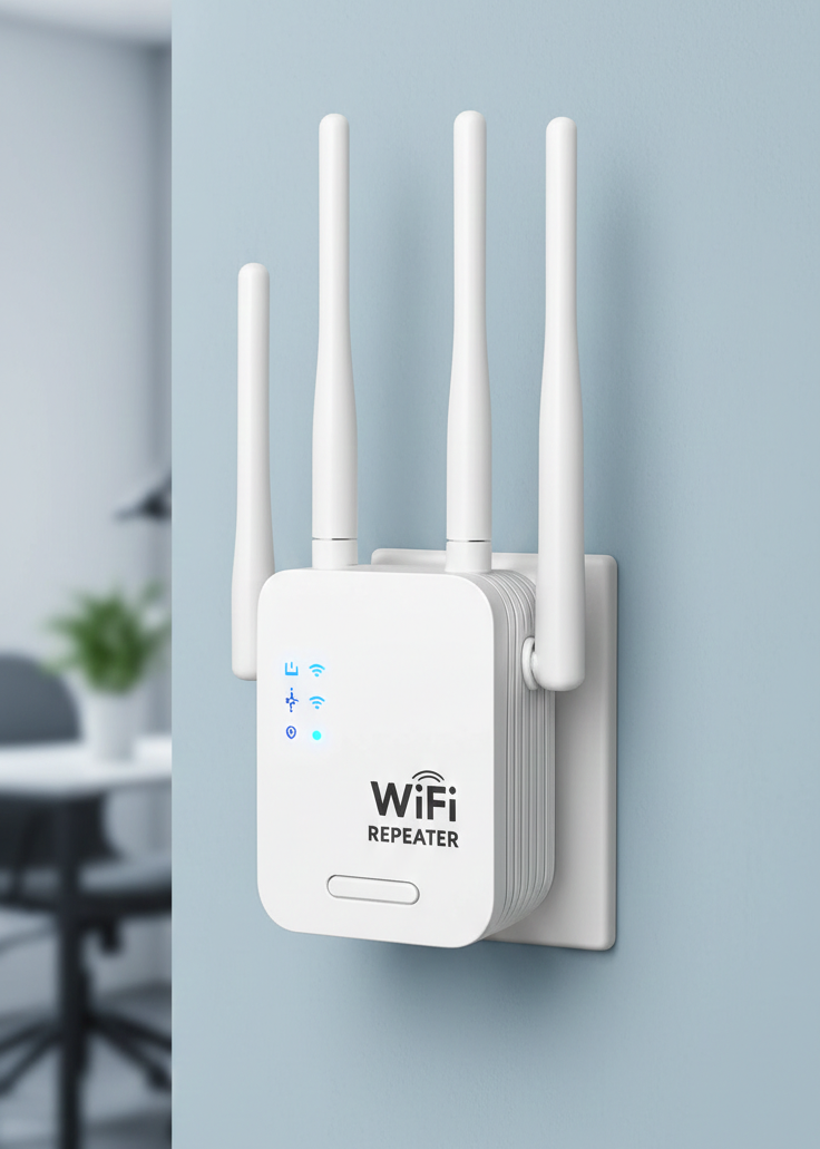 WiFi extender with four antennas on a wall