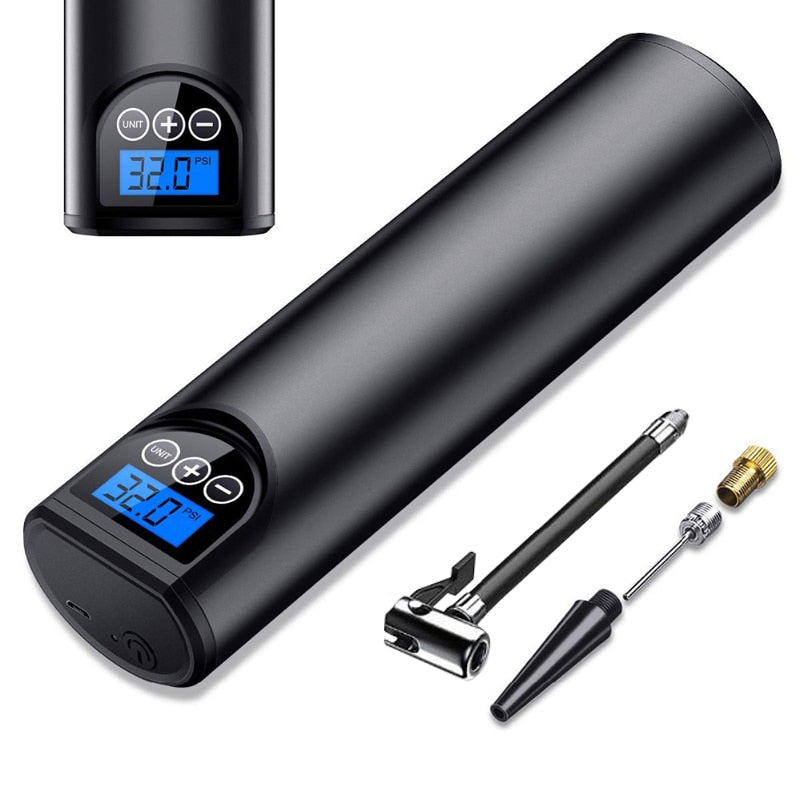 Black portable electric air pump with accessories