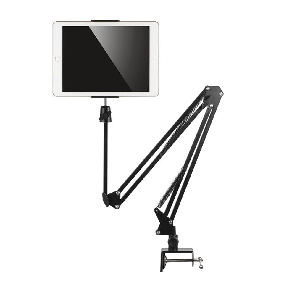 Long arm desk mount holding a white tablet