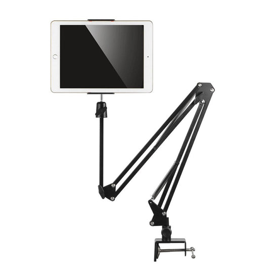 Long arm desk mount holding a white tablet