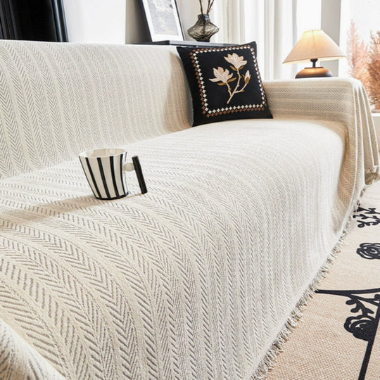 Cozy Herringbone Chenille Sofa Slipcover with Tassels for Living Room