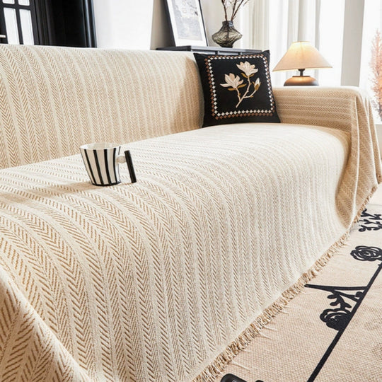 Cozy Herringbone Chenille Sofa Slipcover with Tassels for Living Room