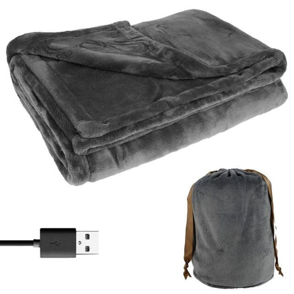 Black USB heated throw blanket with pouch