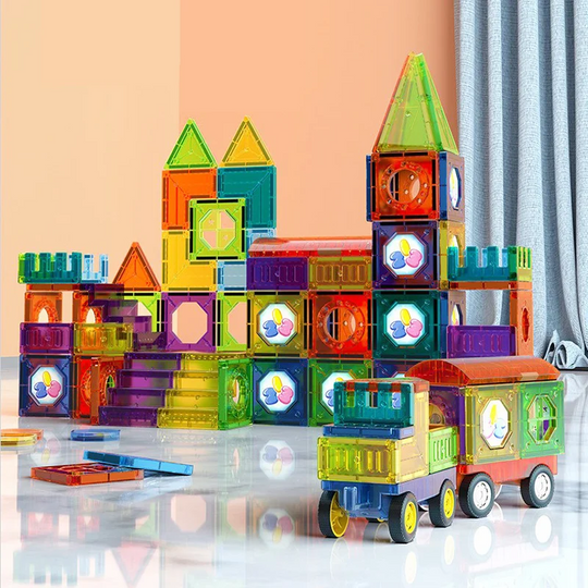 Colorful magnetic building tiles castle and car
