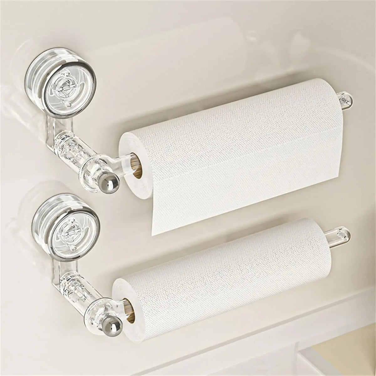 Transparent suction cup paper towel holder on wall