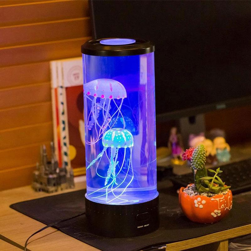 Jellyfish mood lamp glowing on a desk
