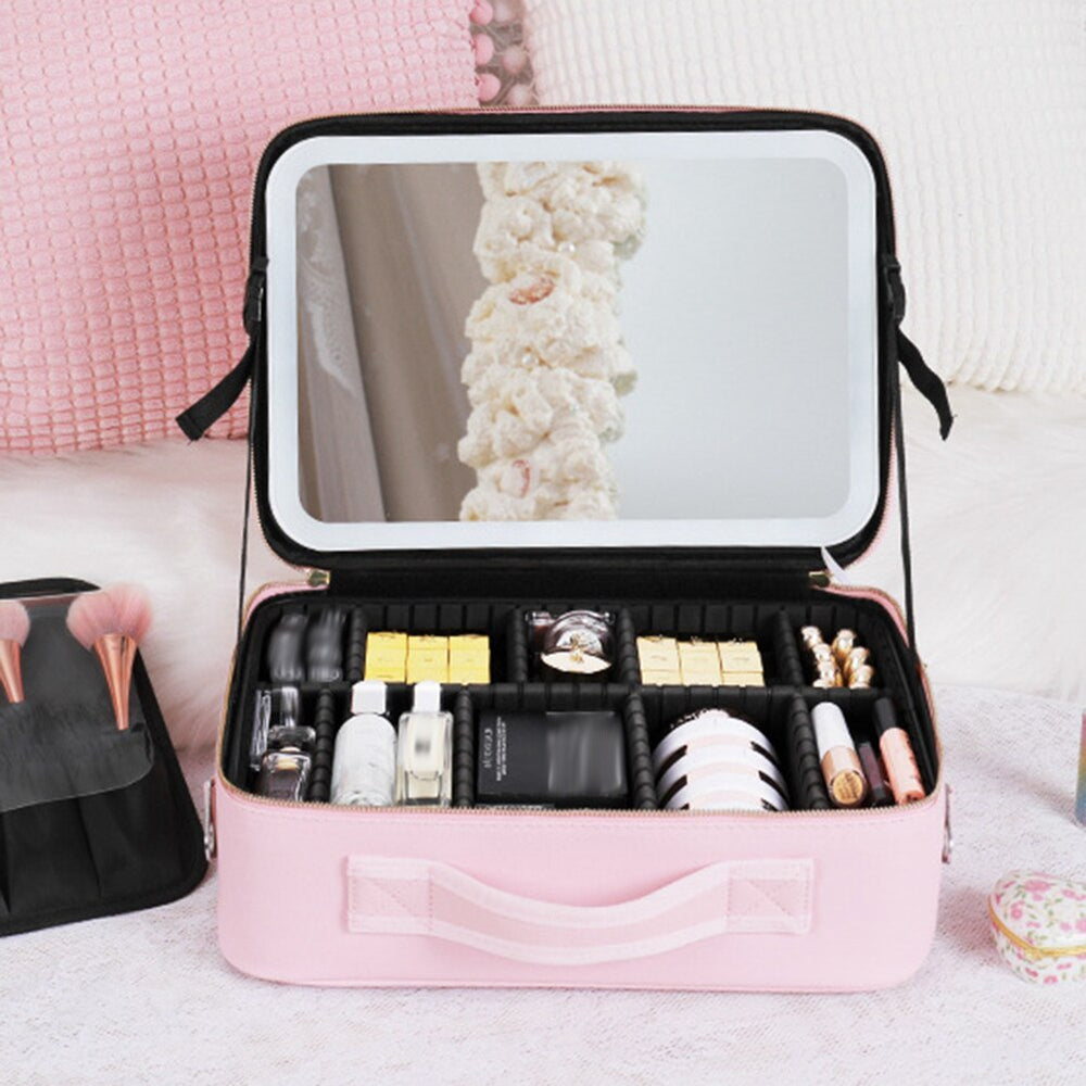 Portable Travel Makeup Case with LED Light and Mirror for Cosmetics
