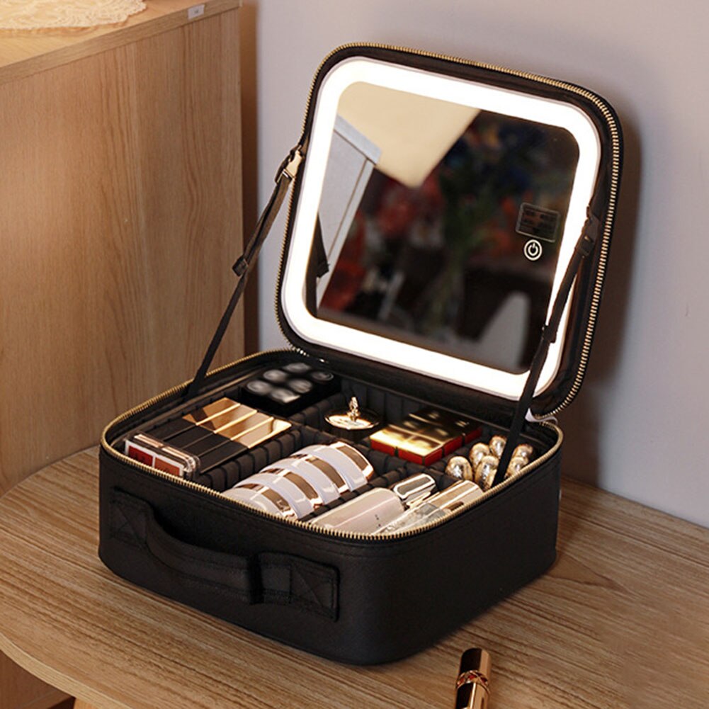Portable Travel Makeup Case with LED Light and Mirror for Cosmetics