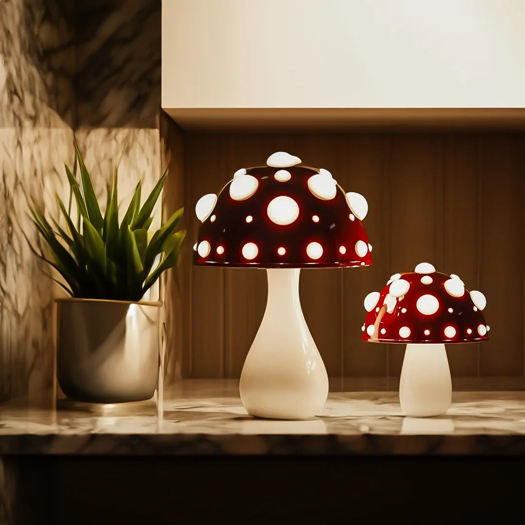 Red mushroom lamp set on shelf