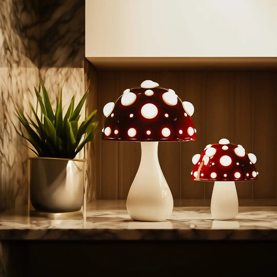 Red mushroom lamp set on shelf