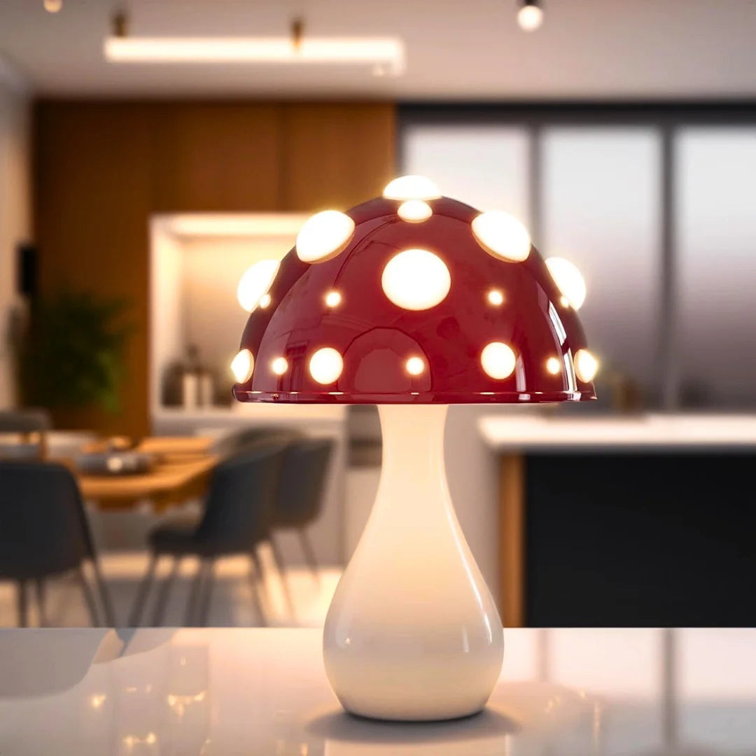 Large red mushroom lamp glowing in a kitchen