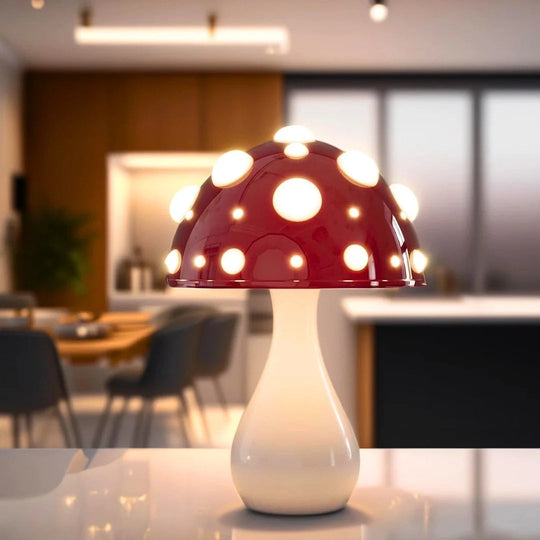 Large red mushroom lamp glowing in a kitchen