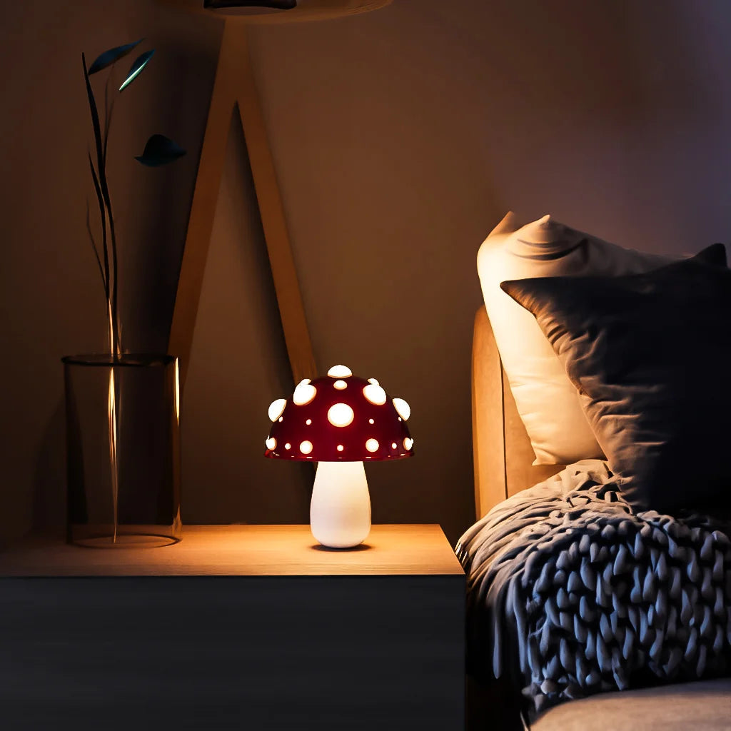 Small red mushroom lamp on a nightstand