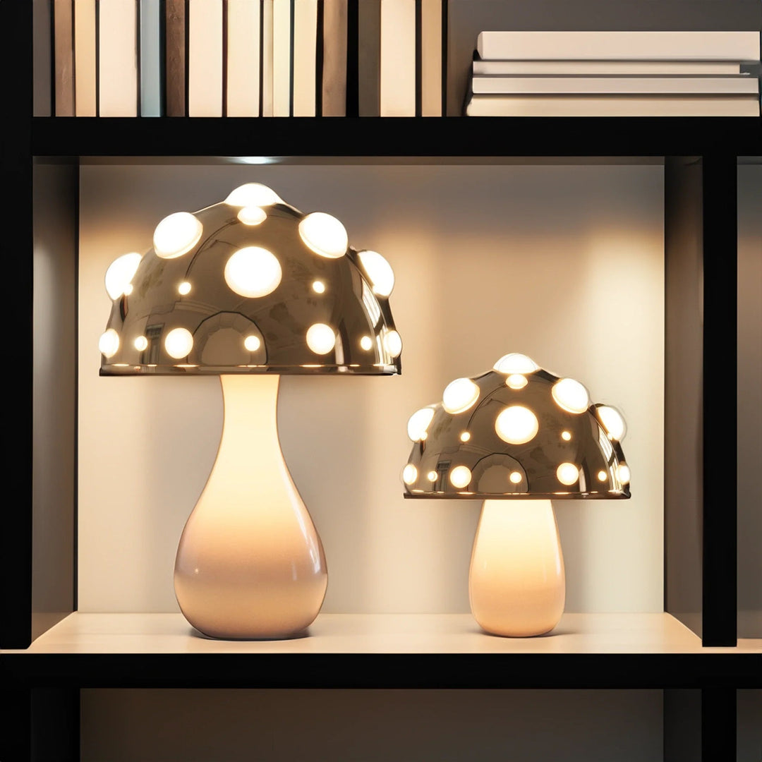 Gold mushroom lamp set on a console
