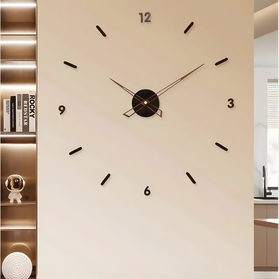 3D wall clock above a bookshelf