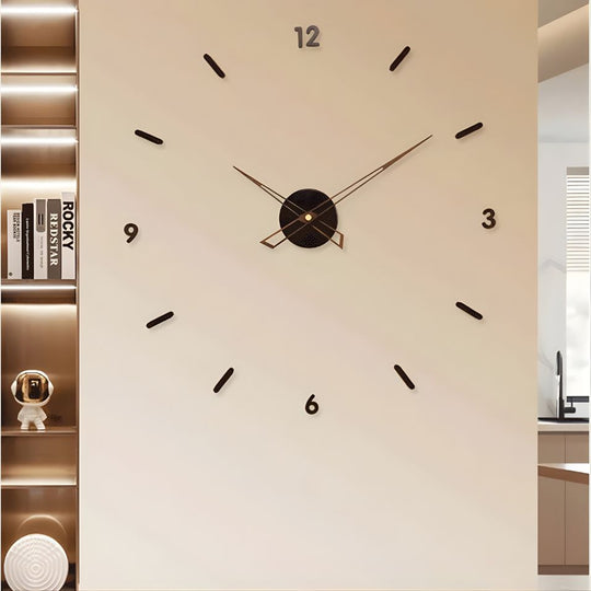 3D wall clock above a bookshelf