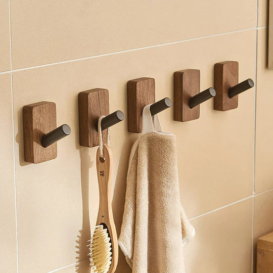 Natural Walnut Wood and Metal Wall Hooks for Entryway and Bathroom
