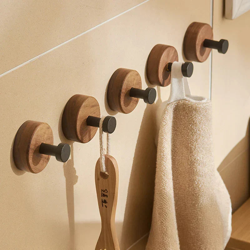 Natural Walnut Wood and Metal Wall Hooks for Entryway and Bathroom