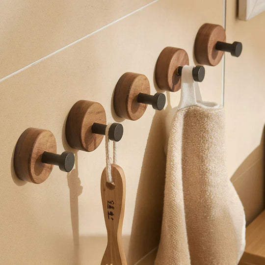 Natural Walnut Wood and Metal Wall Hooks for Entryway and Bathroom