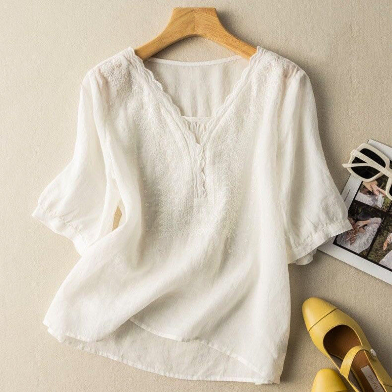 Embroidered Cotton Linen V Neck Blouse for Everyday Wear