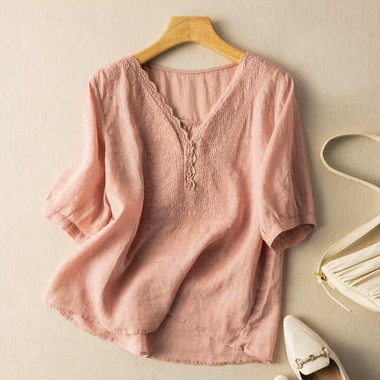 Embroidered Cotton Linen V Neck Blouse for Everyday Wear