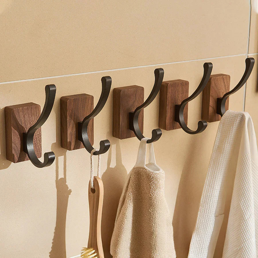 Natural Walnut Wood and Metal Wall Hooks for Entryway and Bathroom