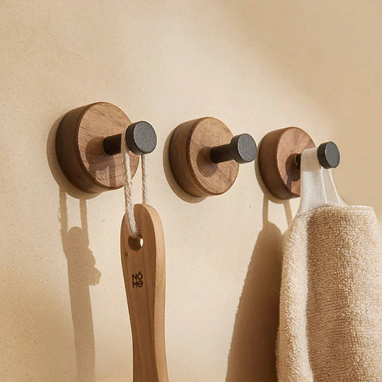 Natural Walnut Wood and Metal Wall Hooks for Entryway and Bathroom