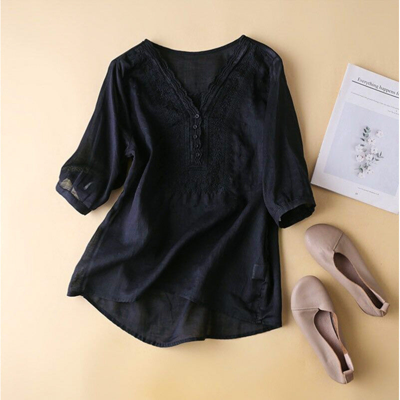 Embroidered Cotton Linen V Neck Blouse for Everyday Wear