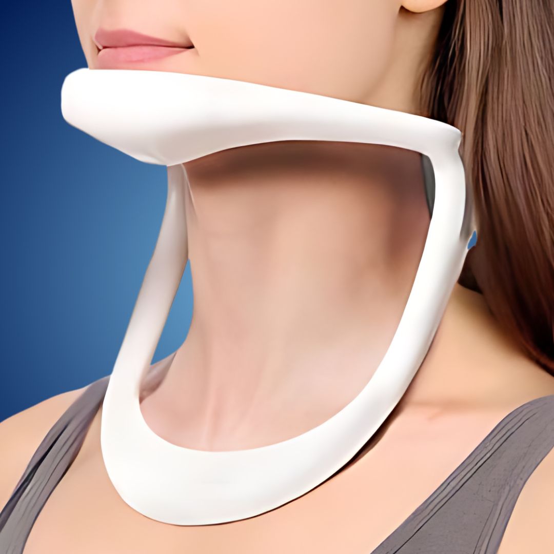 Woman wearing neck posture support