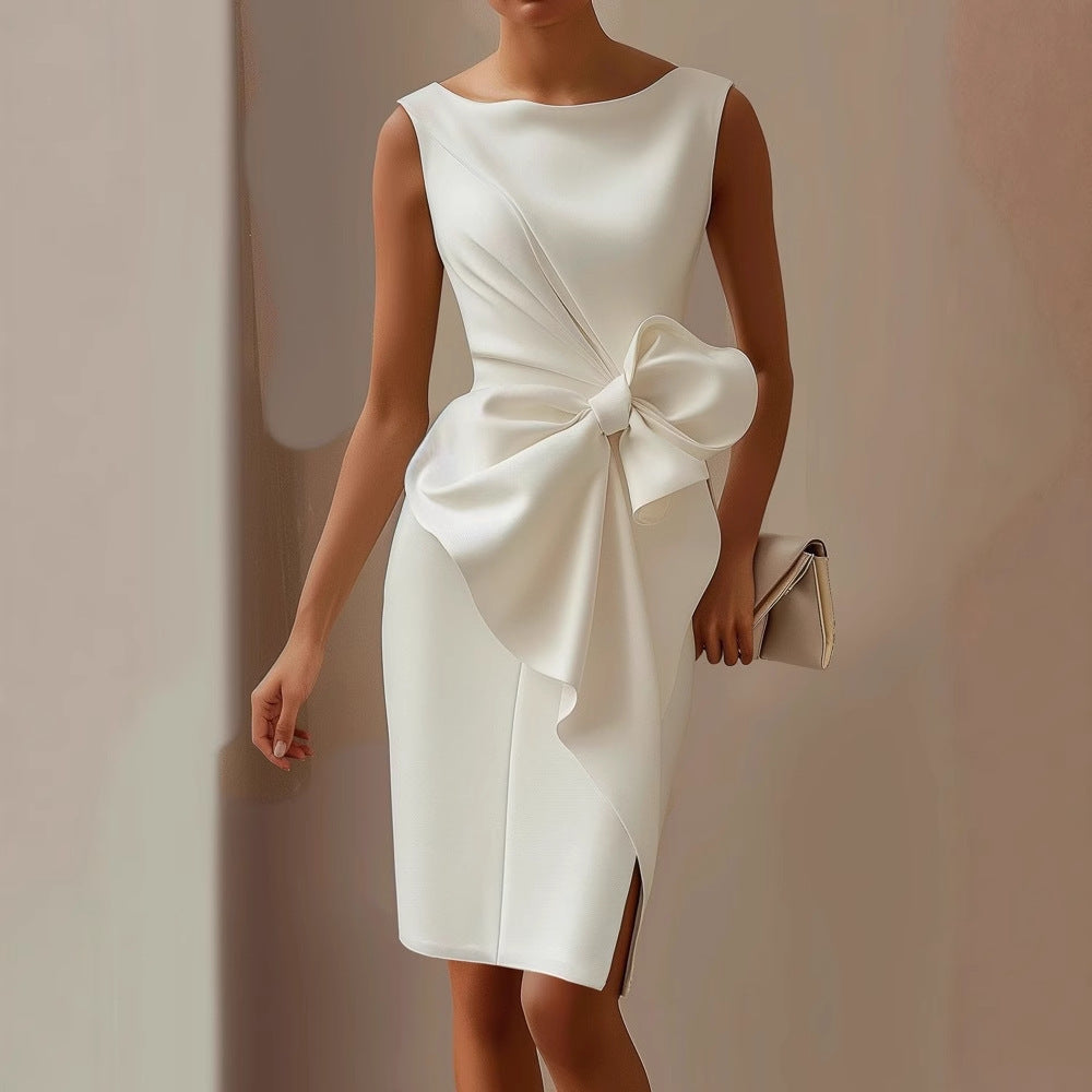 Sleeveless Bow Front Midi Dress for Wedding Guests