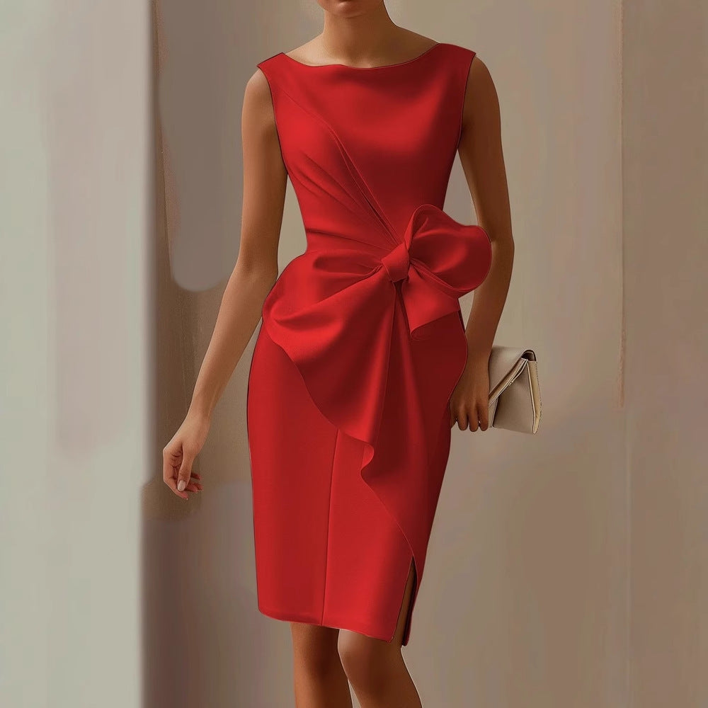 Sleeveless Bow Front Midi Dress for Wedding Guests