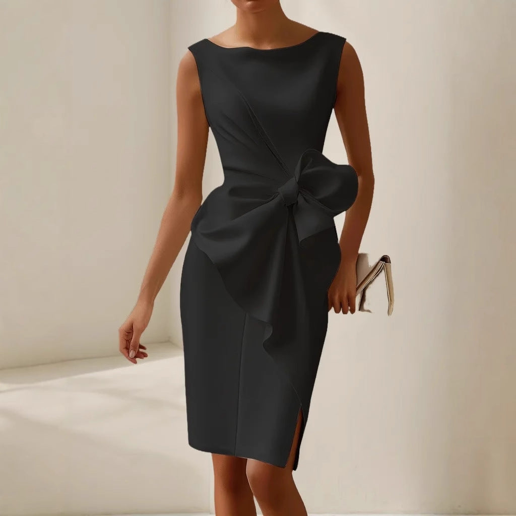 Sleeveless Bow Front Midi Dress for Wedding Guests