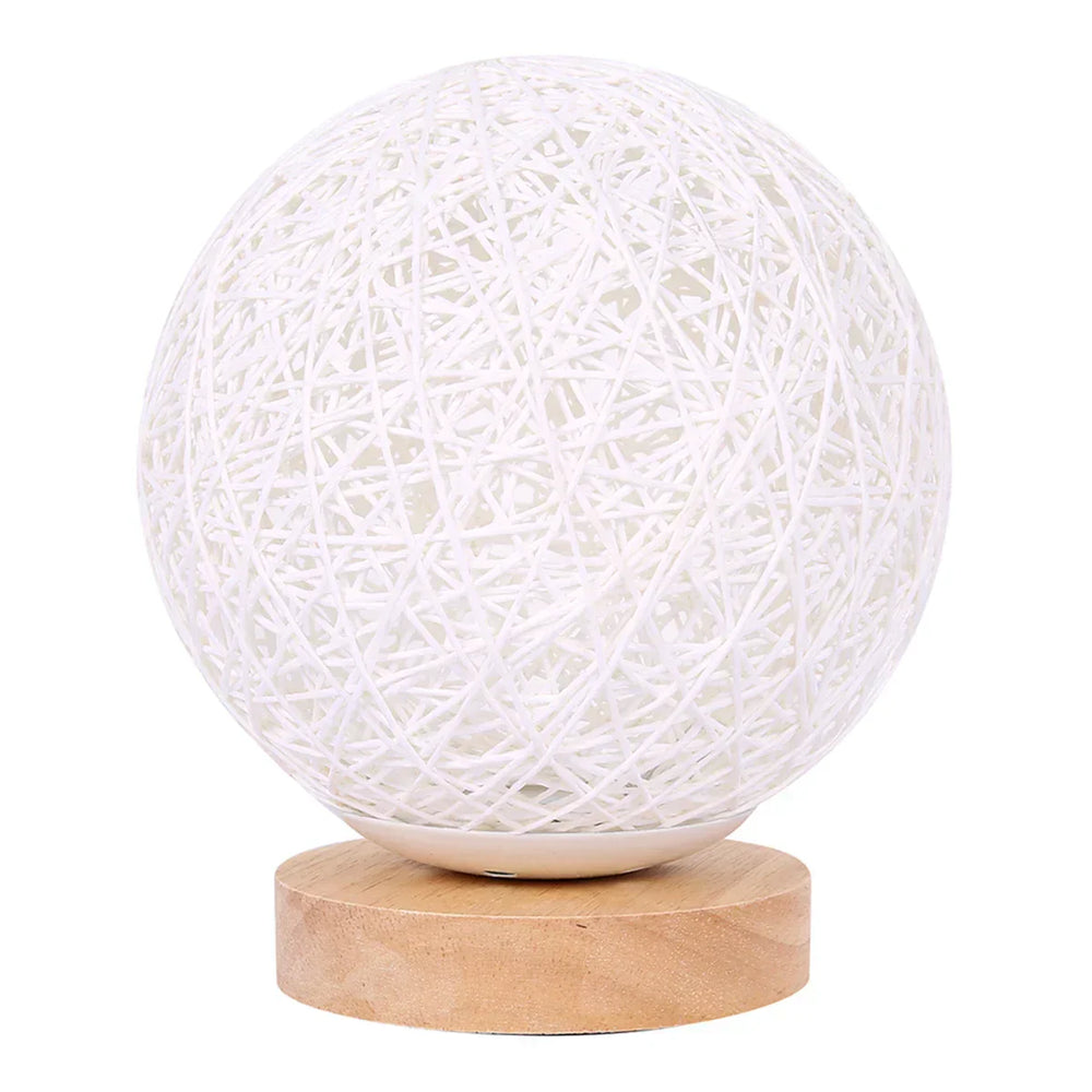 White woven rattan sphere table lamp