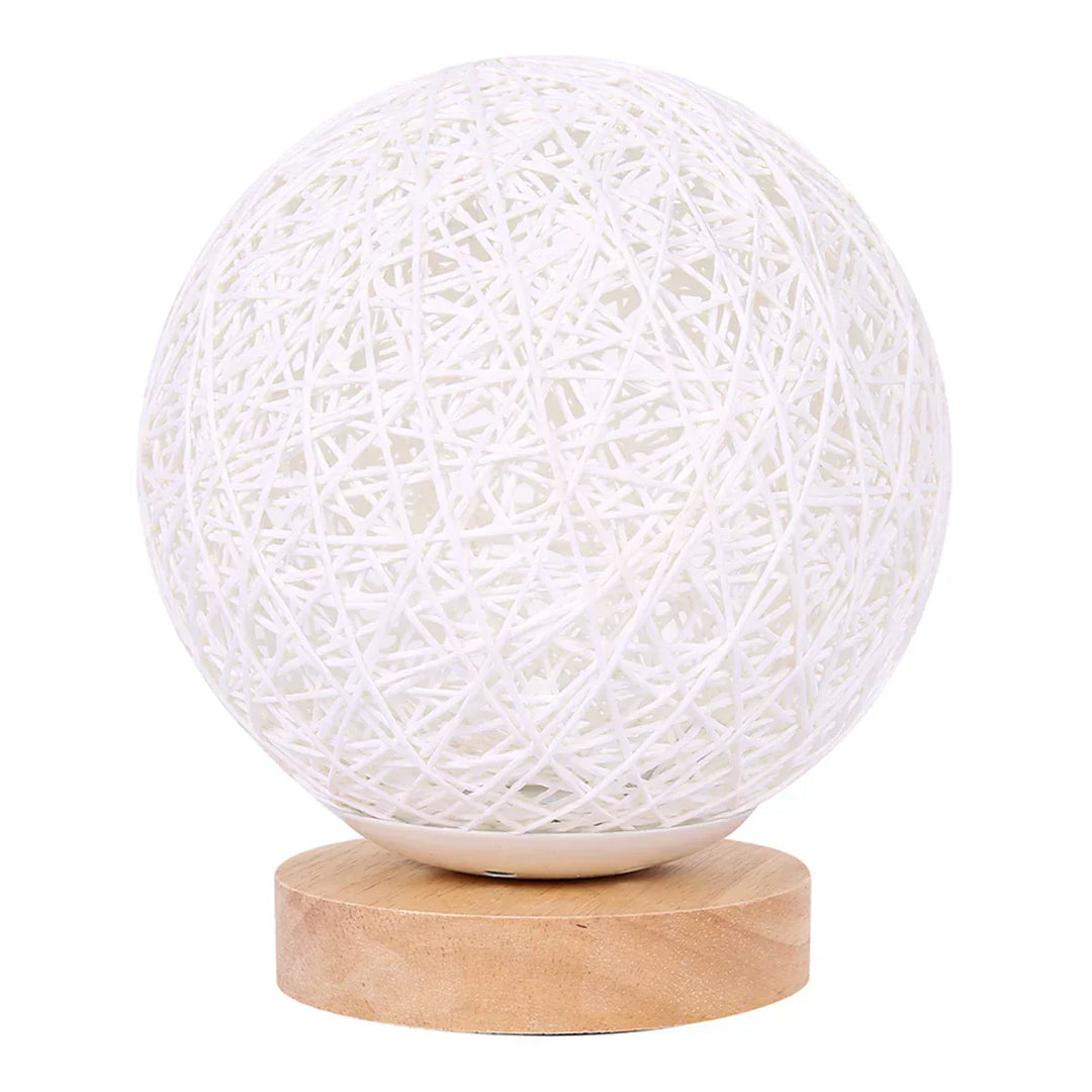 White woven rattan sphere table lamp