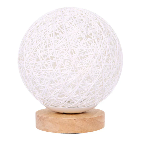 White woven rattan sphere table lamp