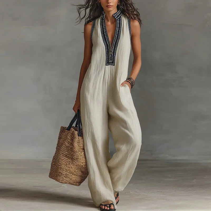 Vintage Deep V-Neck Sleeveless Jumpsuit for Work and Summer