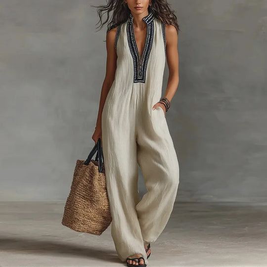 Vintage Deep V-Neck Sleeveless Jumpsuit for Work and Summer
