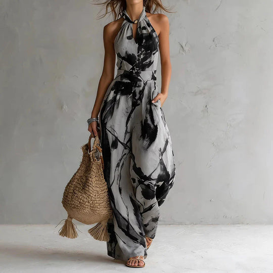 Sleeveless Watercolor Print Halter Wide-Leg Jumpsuit for Summer and Vacation
