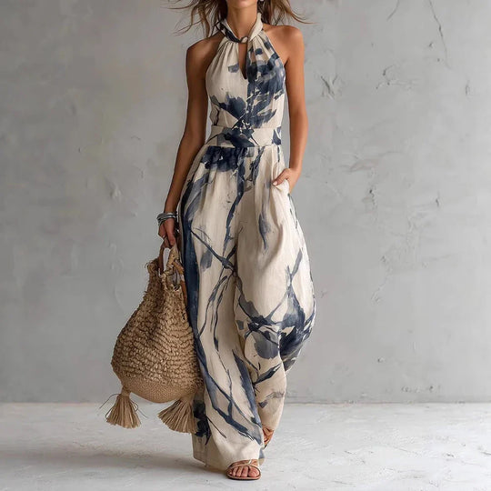 Sleeveless Watercolor Print Halter Wide-Leg Jumpsuit for Summer and Vacation