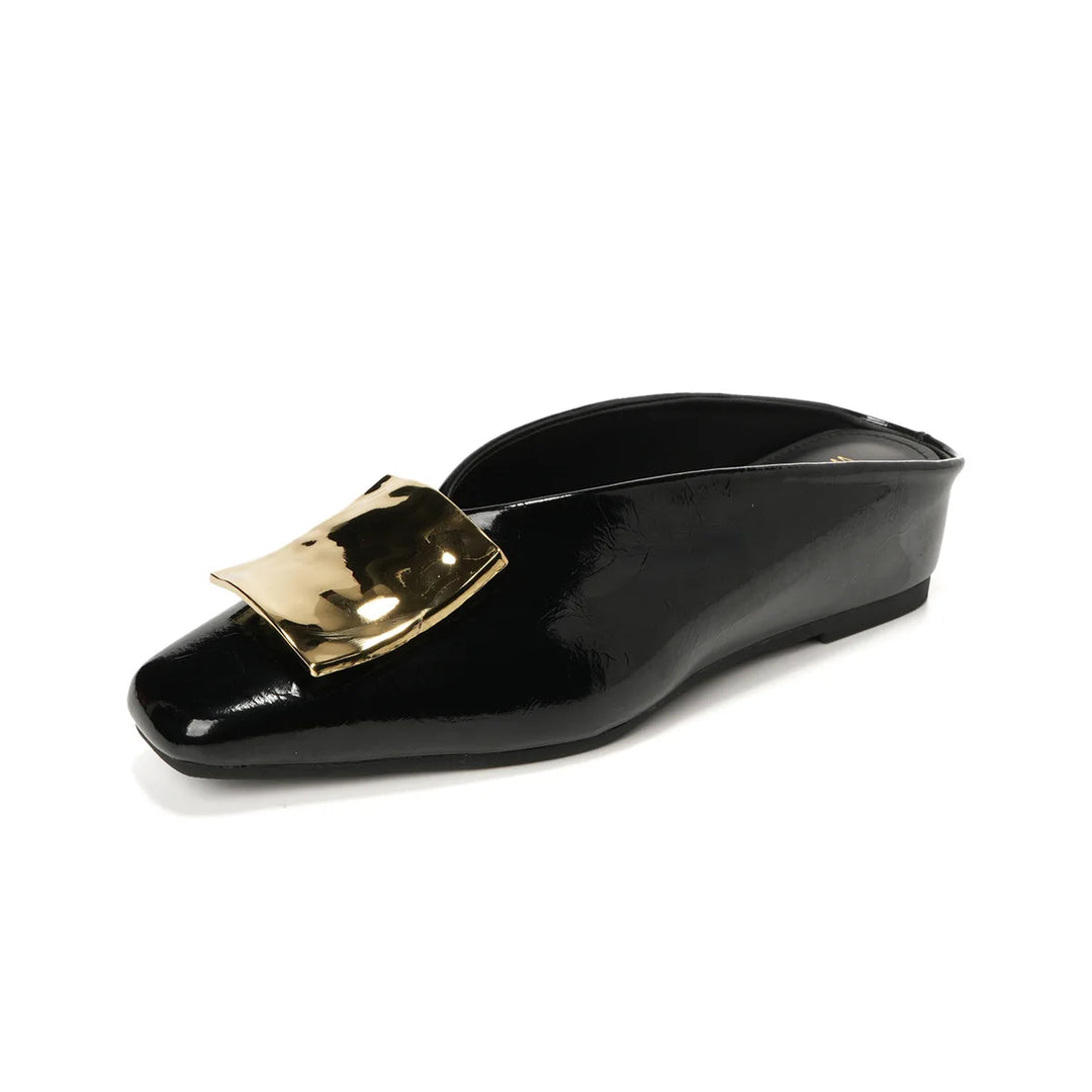Square Toe Metal Buckle Slip On Mules for Casual Wear