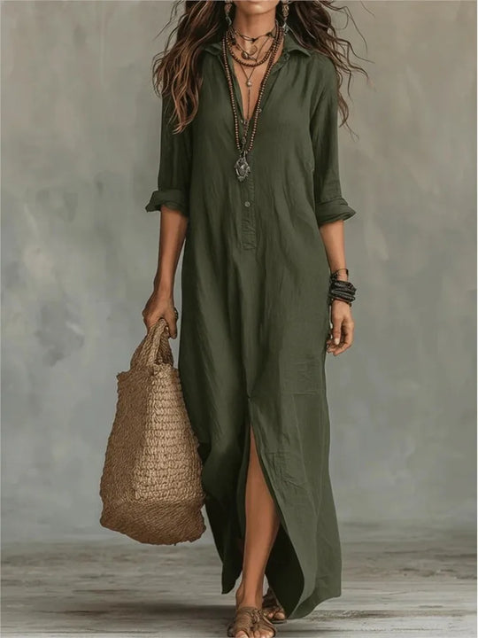 Relaxed Cotton Turn Down Collar Maxi Shirt Dress for Summer and Beach